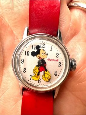 Vintage 1950s Ingersoll Mickey Mouse Hand Wind Kids Watch Disney Red Strap AS IS